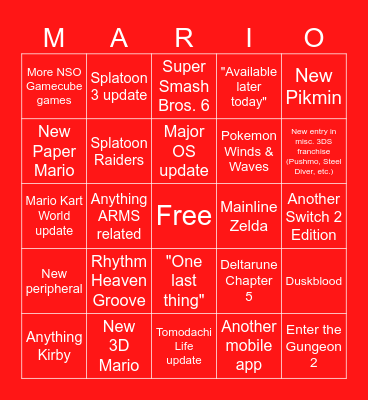 9/9/26 Nintendo Direct Bingo Card