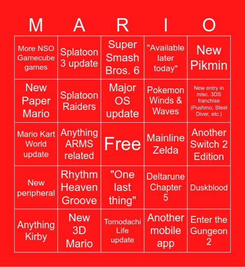 9/9/26 Nintendo Direct Bingo Card