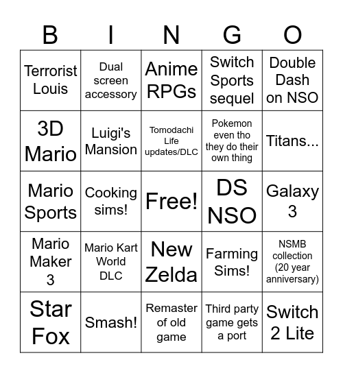Nintendo Direct Bingo Card