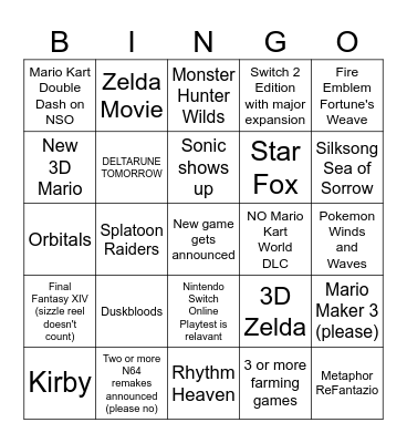 Nintendo Direct 6/8/26 Bingo Card