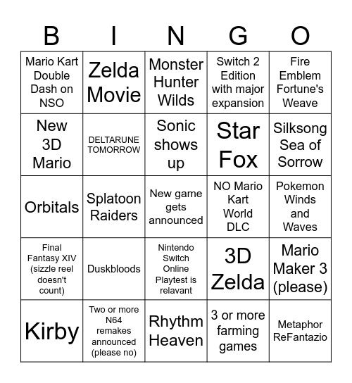 Nintendo Direct 6/8/26 Bingo Card