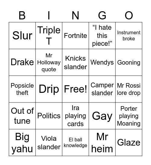 Band Camp Bingo Card