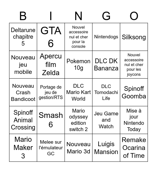 Bingo Nintendo Direct Bingo Card