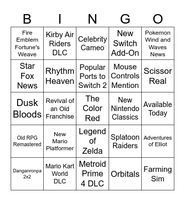 Nintendo DIrect 6/9/2026 Bingo Card