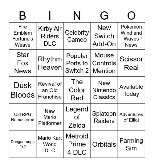 Nintendo DIrect 6/9/2026 Bingo Card