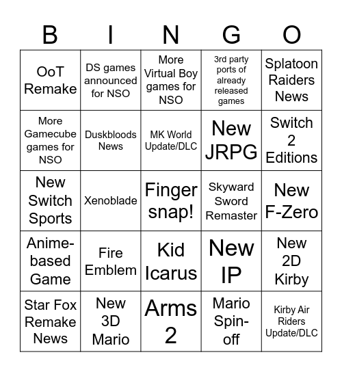 June 2026 Nintendo Direct Bingo Card