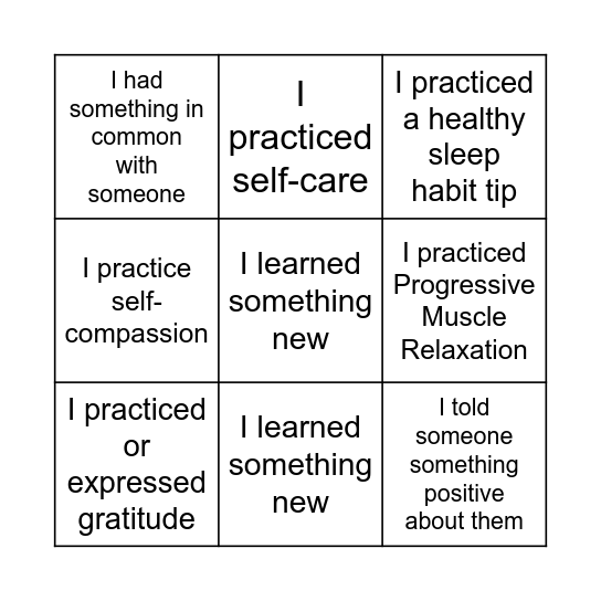 Self-Care Bingo! Bingo Card
