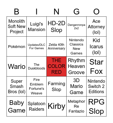 NINTENDO DIRECT 09/06/2026 Bingo Card