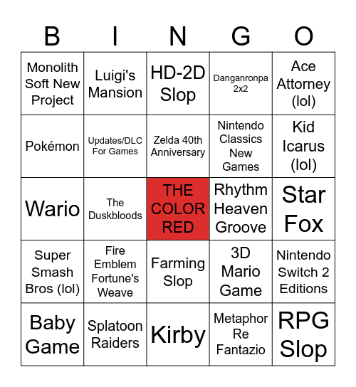 NINTENDO DIRECT 09/06/2026 Bingo Card
