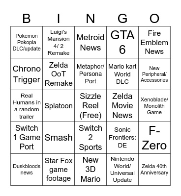 6/9/26 Nintendo Direct Bingo Card