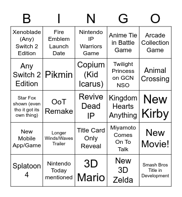 Nintendo E3 Direct Bingo Card
