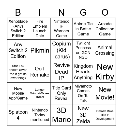 Nintendo E3 Direct Bingo Card