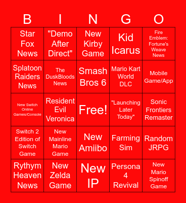 Nintendo Direct 6/9/26 Bingo Card