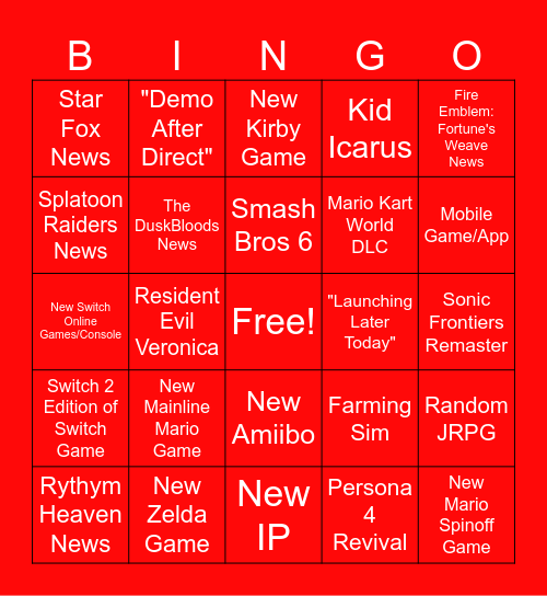 Nintendo Direct 6/9/26 Bingo Card