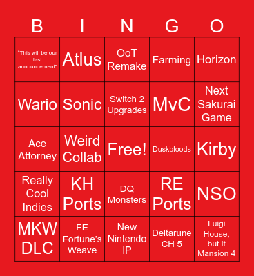 Nintendo Direct 6/9/26 Bingo Card