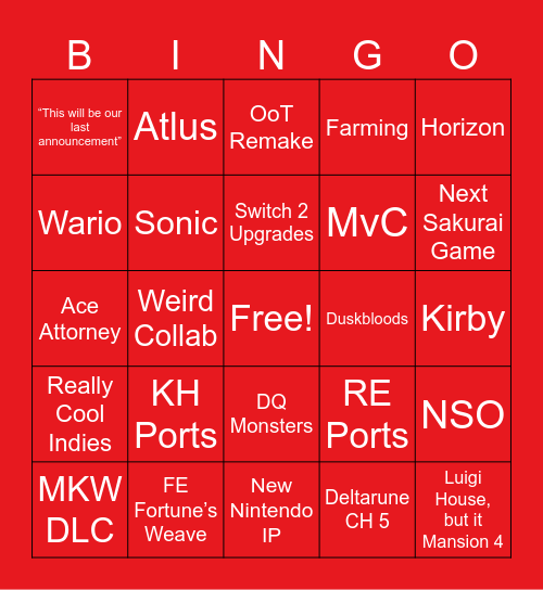 Nintendo Direct 6/9/26 Bingo Card