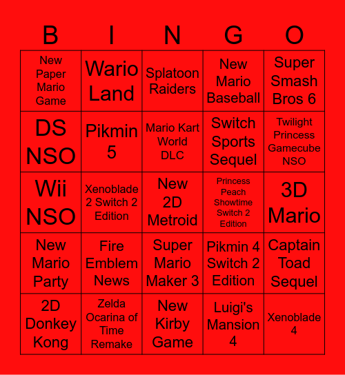 Nintendo Direct Bingo Card 6/9/2026 Bingo Card