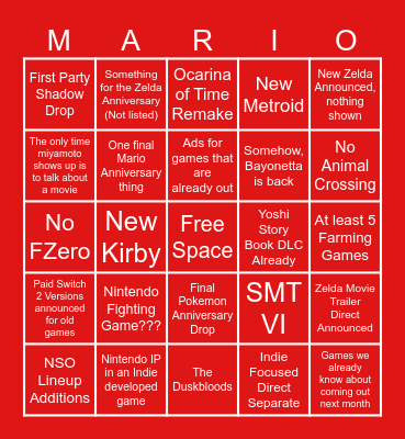Nintendo Direct 6/9 Bingo Card