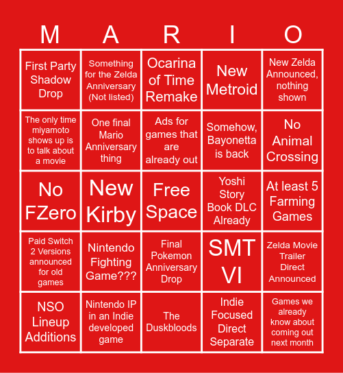 Nintendo Direct 6/9 Bingo Card