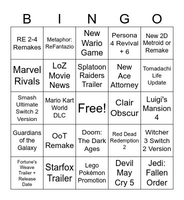 Nintendo Direct 06/09/2026 Bingo Card