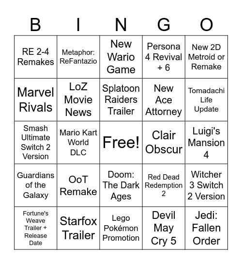 Nintendo Direct 06/09/2026 Bingo Card