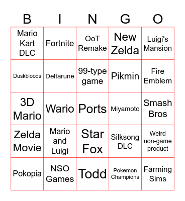 Nintendo Direct Bingo Card