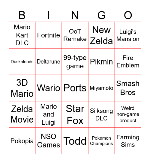 Nintendo Direct Bingo Card