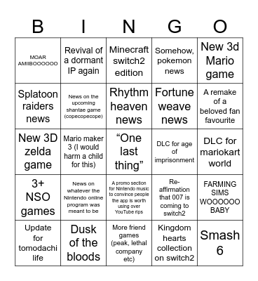 9th June Nintendo direct 2026 Bingo Card