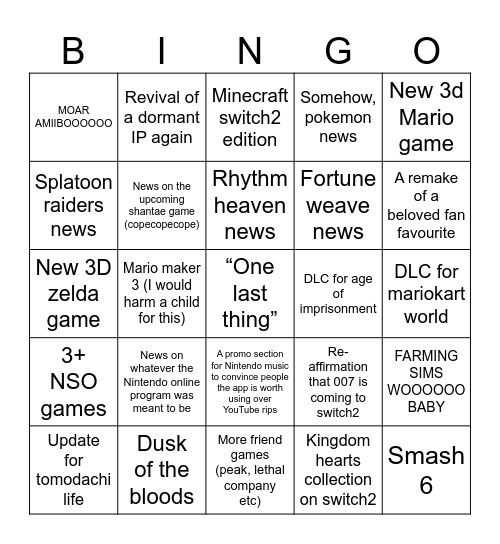 9th June Nintendo direct 2026 Bingo Card