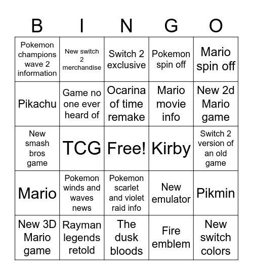 Nintendo direct 06.09 Bingo Card