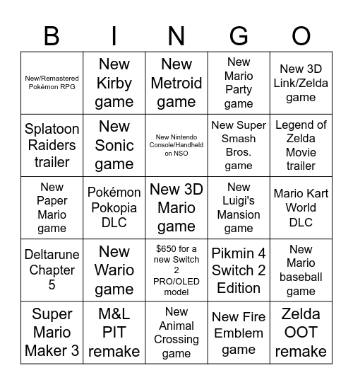 Nintendo Direct Predictions June 2026 (Revised) Bingo Card