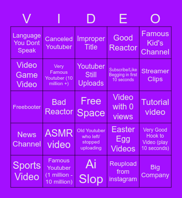 Youtube Roulette Bingo Card