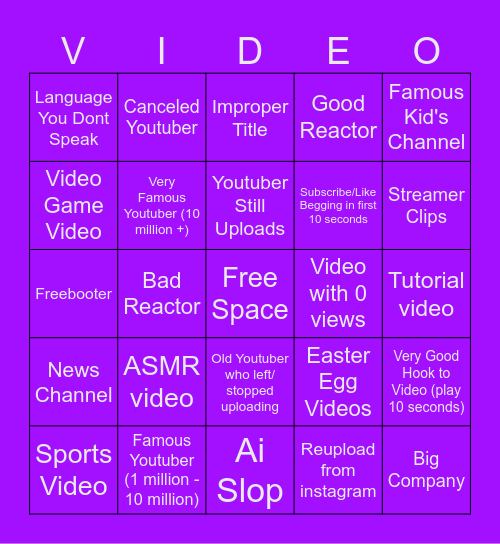 Youtube Roulette Bingo Card
