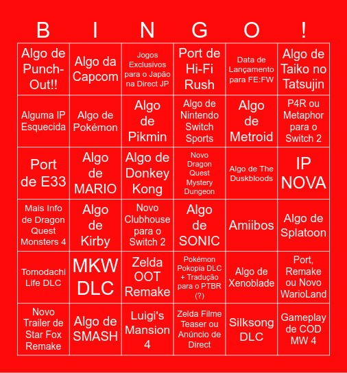 Nintendo Direct Junho 2026 Bingo Card
