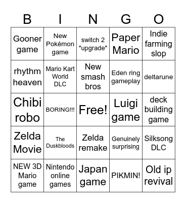 Nintendo direct 2026 Bingo Card