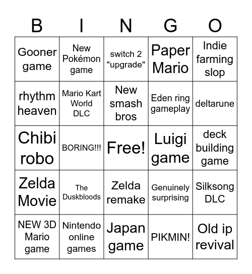Nintendo direct 2026 Bingo Card