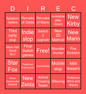 Nintendo Bingo Card