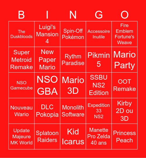 Nintendo Direct Bingo Card