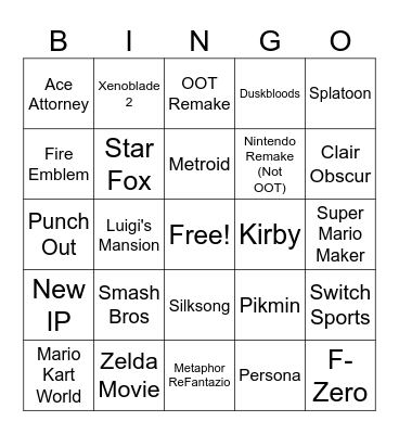 Nintendo Direct Bingo Card