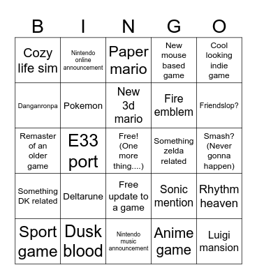 Nintendo Direct 6/9 2026 Bingo Card