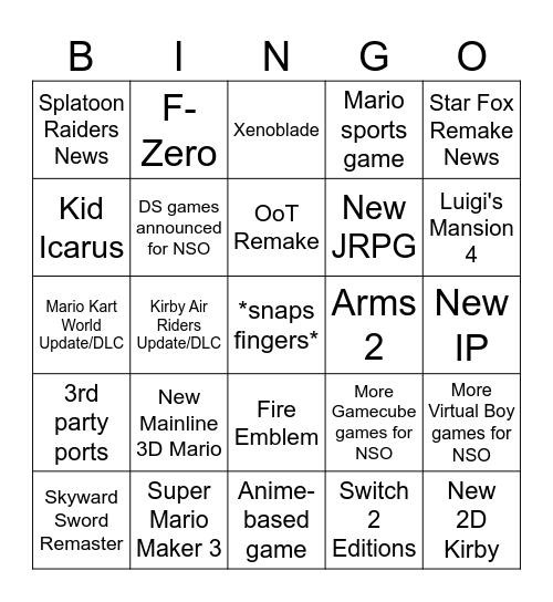 June 2026 Nintendo Direct Bingo Card