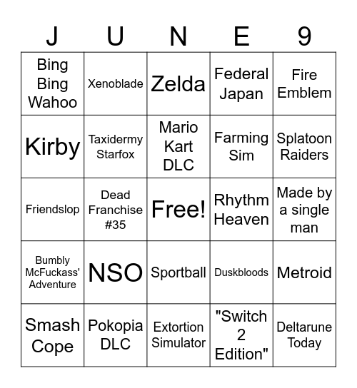 Ninty D innit Bingo Card