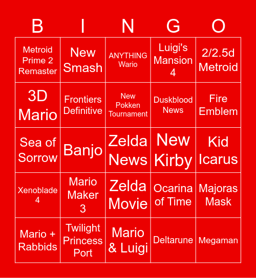 NINTENDO BINGO Card