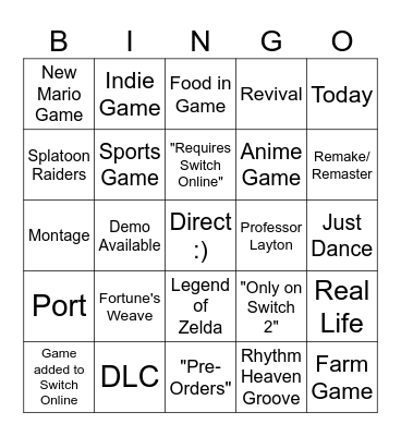 Nintendo Direct June 2026 (Safe) Bingo Card