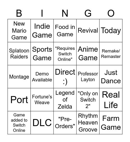 Nintendo Direct June 2026 (Safe) Bingo Card