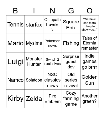 Nintendo Direct Bingo Card