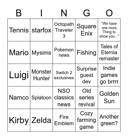 Nintendo Direct Bingo Card