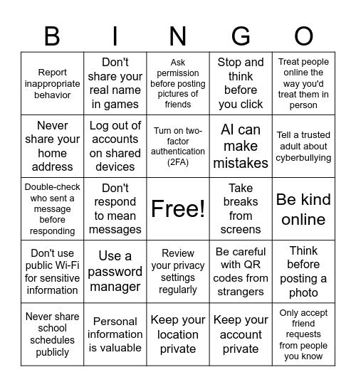 Be Safe Online Bingo Card