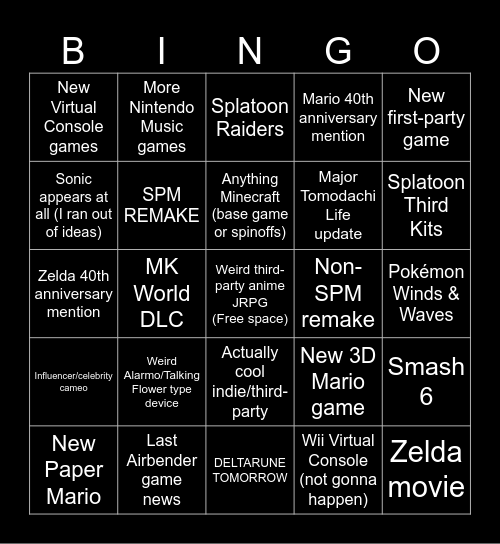 Nintendo Direct 6/9/26 Bingo Card