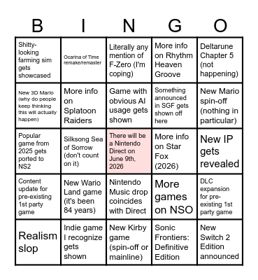 Nintendo Direct Bingo - June 9th, 2026 Bingo Card